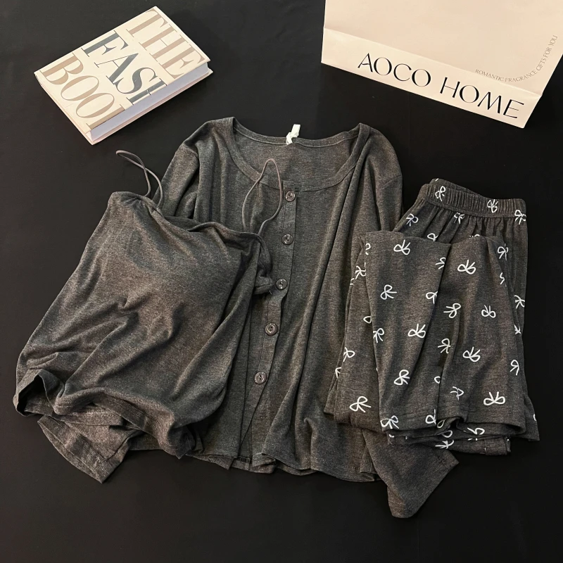 吊带睡衣女春秋冬季长袖韩系甜美可外穿带胸垫黑结三件套装家居服