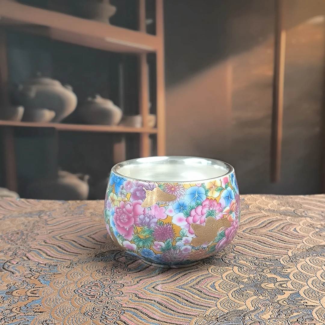 阿七的器 芳华瓷包银繁花银杯主人杯-c65