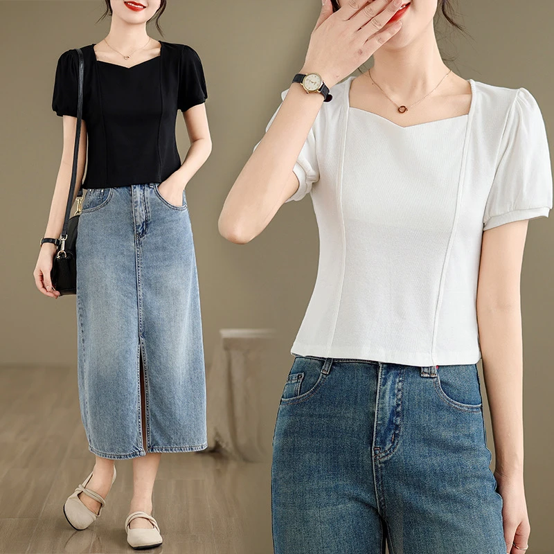【弹力小短款】夏季新款韩系百搭大V领短款弹力短袖T恤
