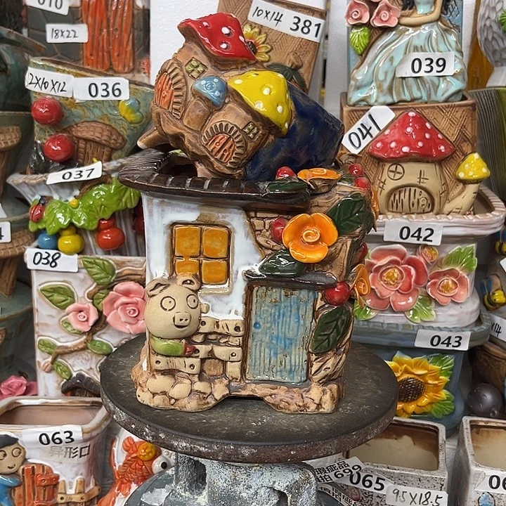 粗陶材质多肉花盆房子25。蘑菇10