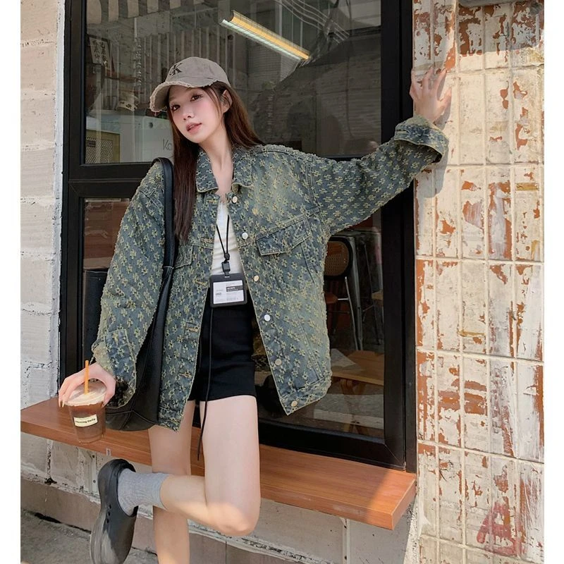 美式复古提花牛仔外套女春季高级设计感小众休闲百搭夹克上衣