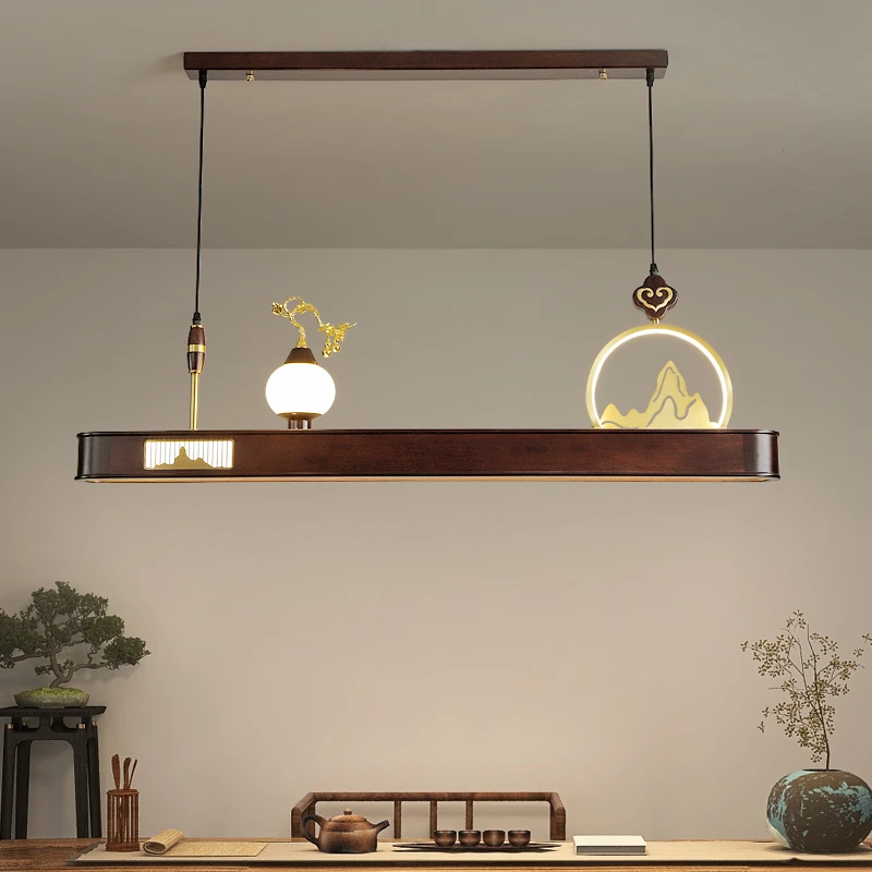 新中式吊灯实木餐厅灯复古一字饭厅灯长方形中国风简约吧台茶室灯