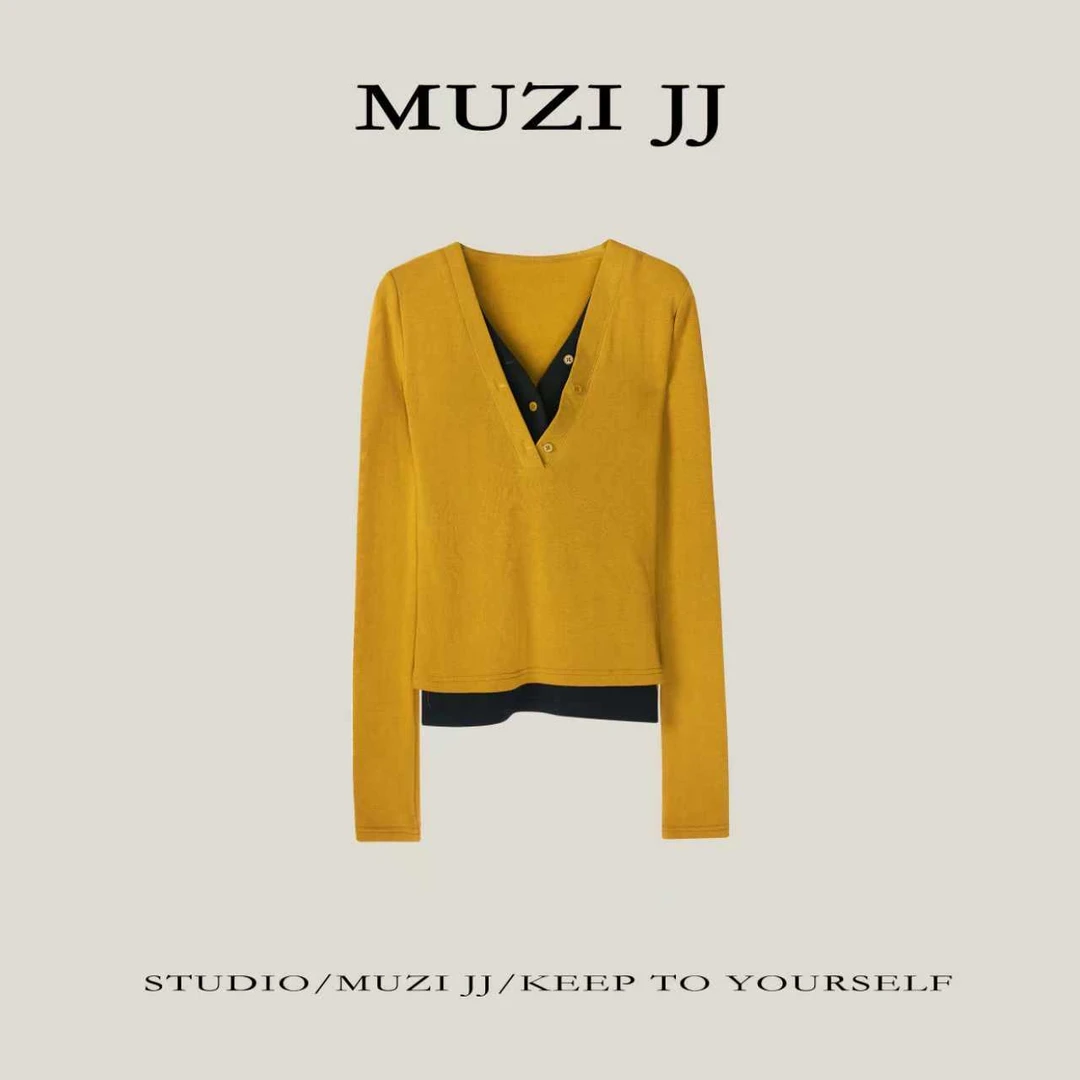 MUZI-72239#韩系休闲时尚撞色假两件V领长袖T恤