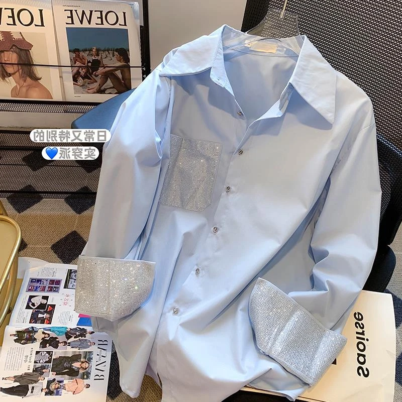 高端轻奢2025年时尚百搭新款女装春季蓝色拼接烫钻长袖衬衫设计感