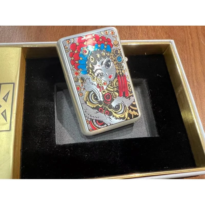 三代银拉丝醒狮花旦系列防风金属高档男士打火机礼品国风送男友