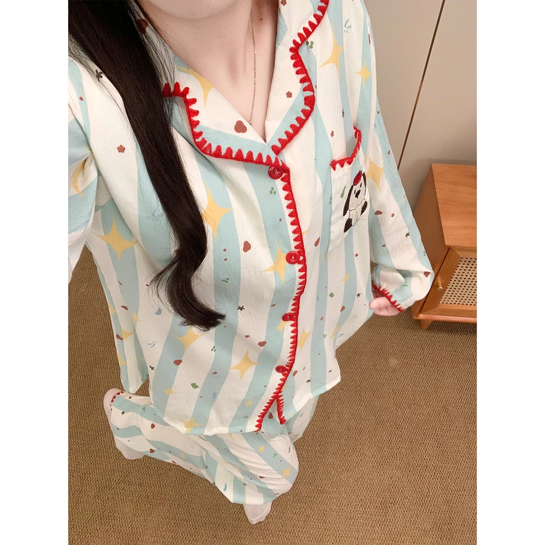 Meng luan/梦鸾蓝白条纹睡衣女春秋款带胸垫可爱小狗长袖家居服