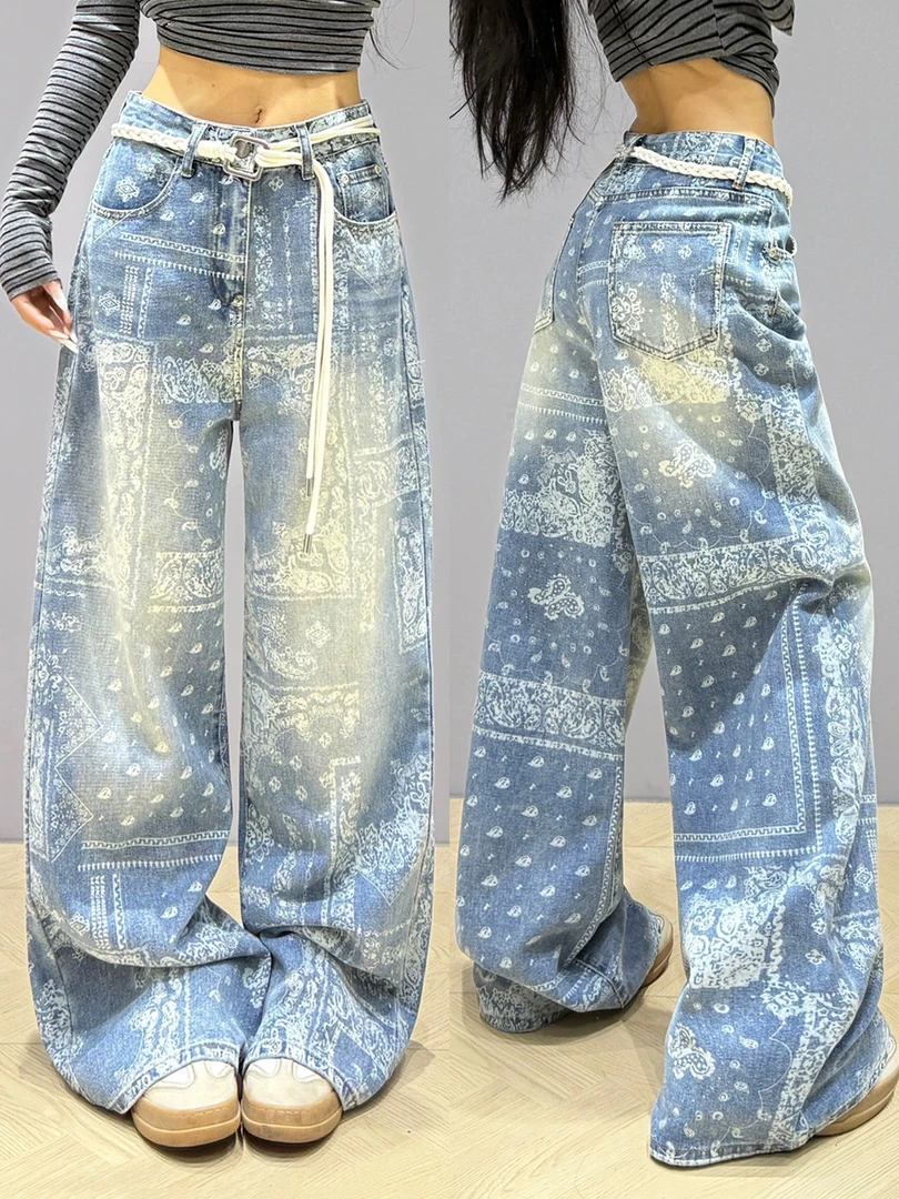 复古时髦设计感印花阔腿牛仔裤女春季新款宽松显瘦直筒拖地长裤子