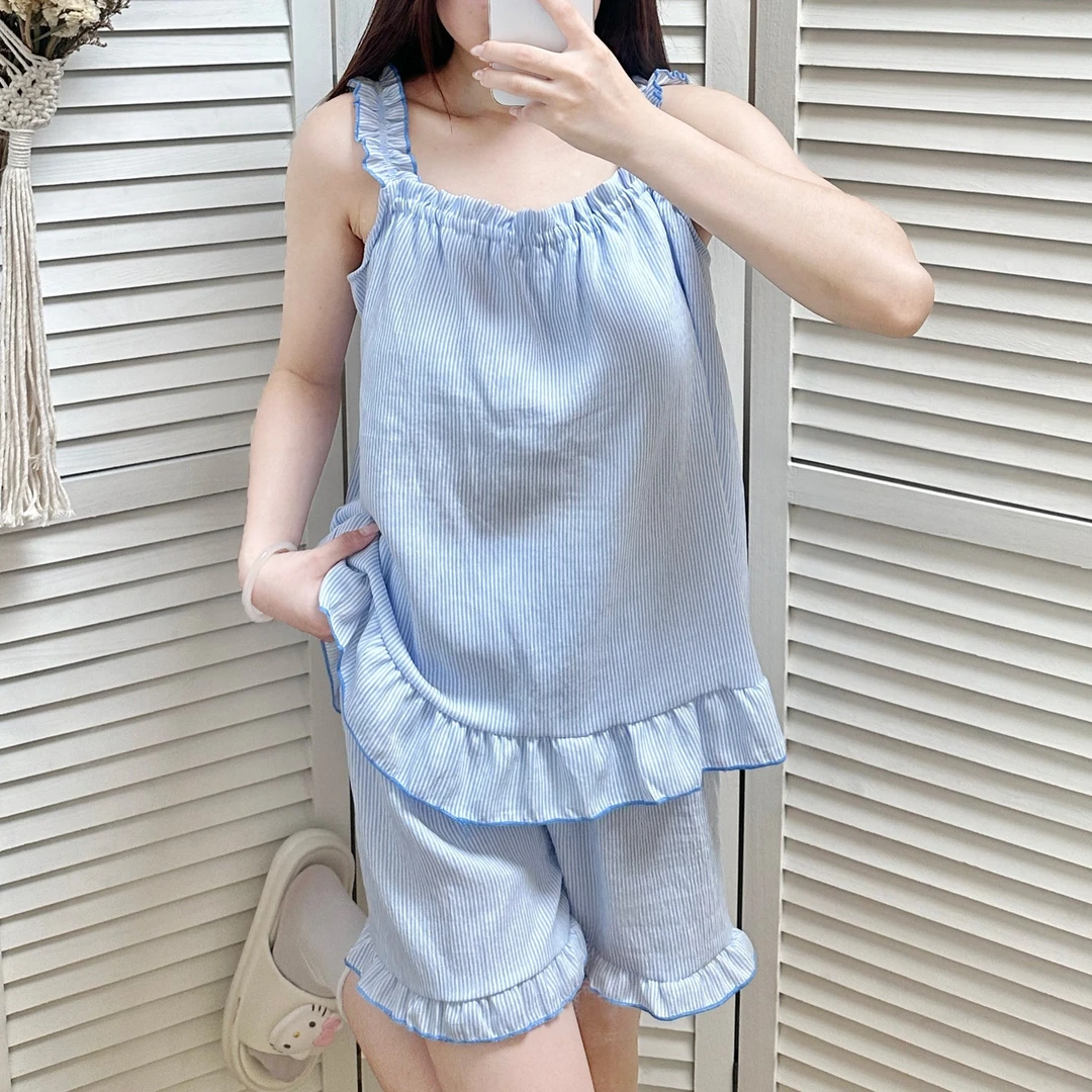 云朵棉睡衣女士家居服带胸垫2025新款夏季两件套薄款吊带方领