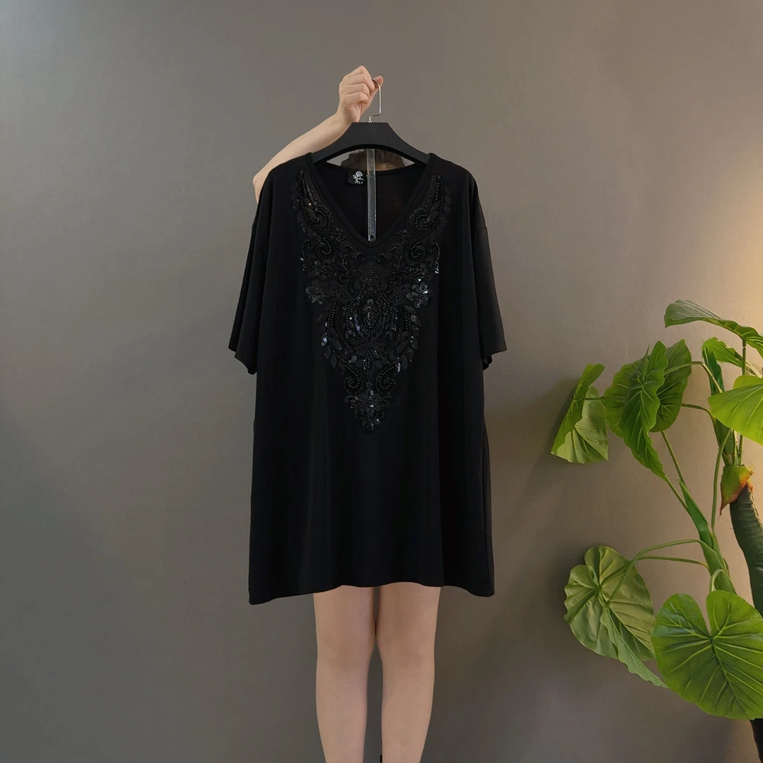 V领短袖纯色中长款常规中袖T恤夏季百搭时尚宽松