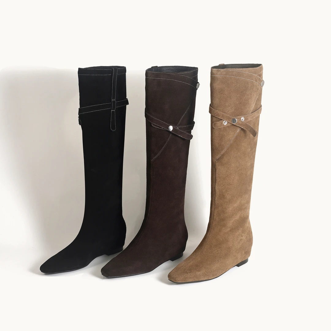 【Lemon】复古尖头西部牛仔靴设计感内增高长筒绒面骑士靴5cm