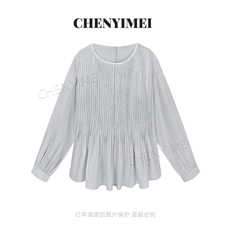 CYM2027韩系蕾丝边圆领后纽扣设计打褶小衫女气质精致娃娃衫