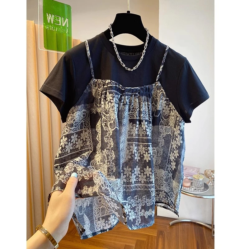 胖妹妹大码超好看假两件花朵吊带拼接短袖T恤女夏季宽松洋气上衣