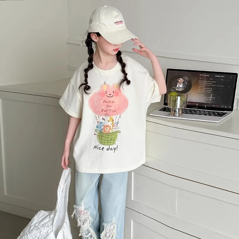 女童夏季短袖t恤2025新款洋气女孩夏装卡通上衣儿童破洞裤两件套