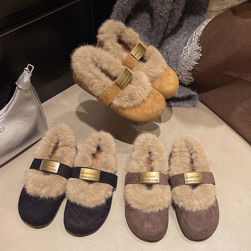 法式内增高鞋子2025秋冬季新款兔毛玛丽珍毛毛鞋女外穿加绒棉鞋子