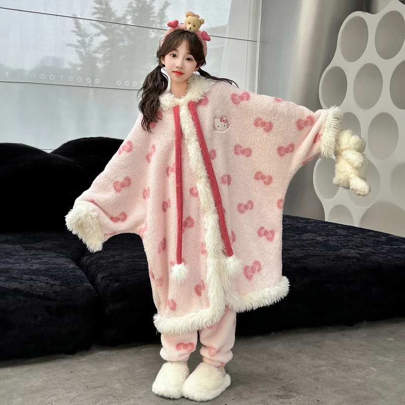 女童睡袍套装中长款儿童家居服法兰绒浴袍保暖珊瑚绒中大童睡衣