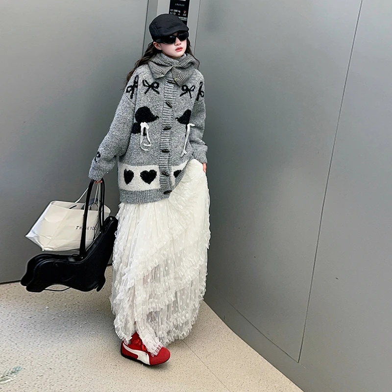 女童套装春季2025新款中大童韩系灰色针织毛衣开衫法式蕾丝半身裙