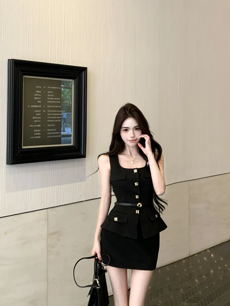 法式气质名媛小香风无袖修身方领马甲高腰显瘦半身裙时尚两件套女