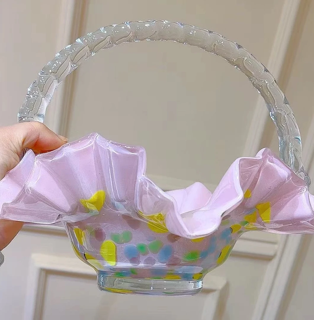 粉色彩绘折纸花边提篮玻璃精致创意网红