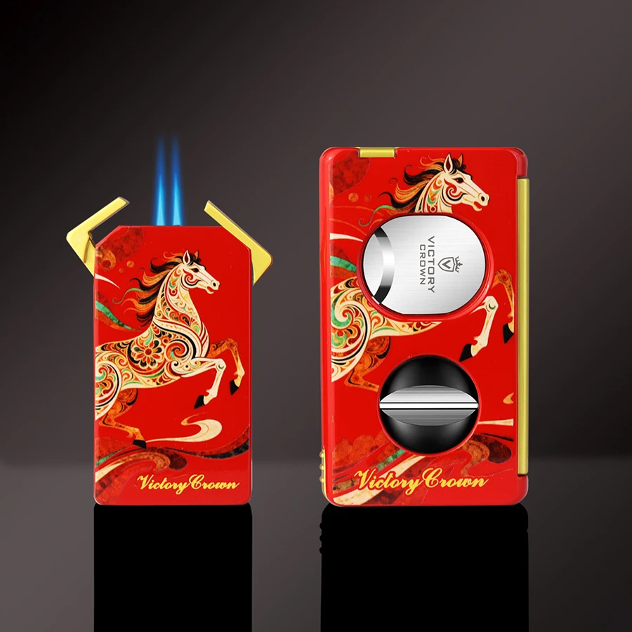 雪茄剪打火机套装五合一多功能雪茄剪刀双直冲打火机马年生肖纪念