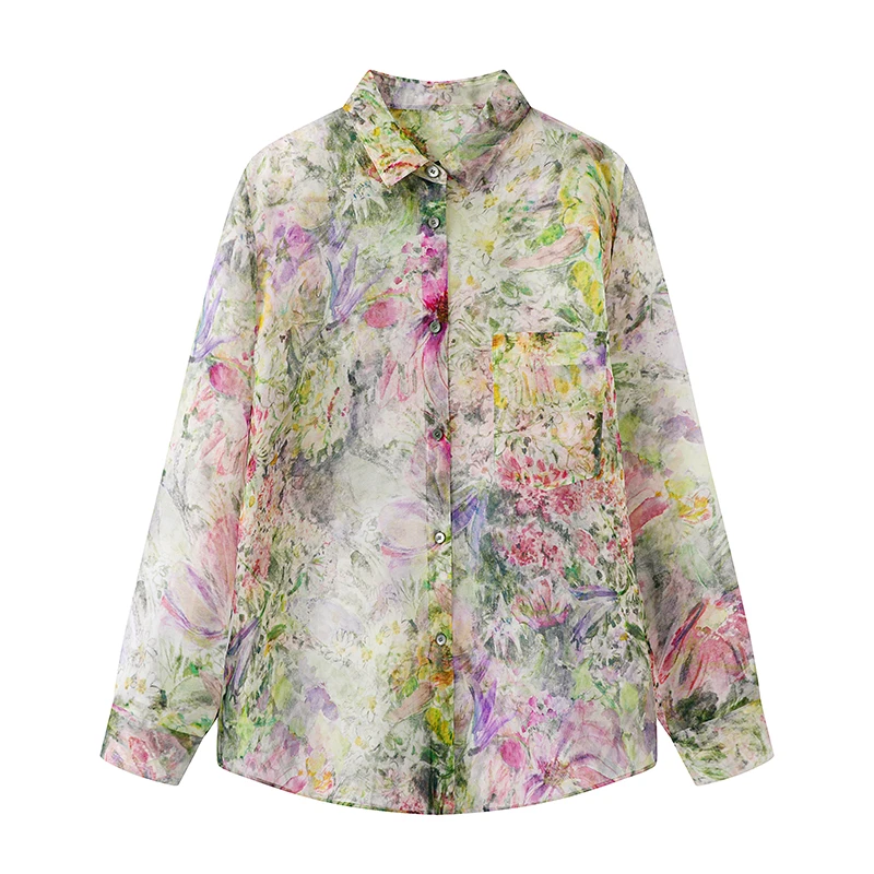 【Y2206】夏季新休闲时尚宽松气质彩色印花碎花轻薄防晒长袖衬衫女