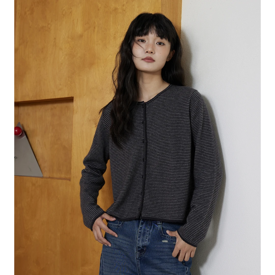 LIOU&LANS/了岚1303秋季圆领条纹长袖针织显瘦开衫