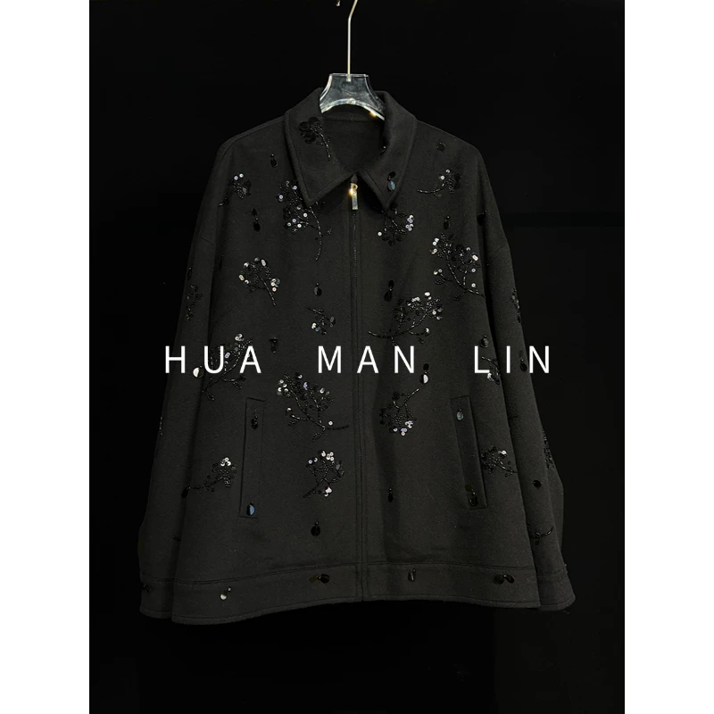 【花满林】翻领拉链钉珠羊绒长袖外套25965