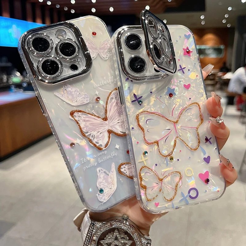 适用苹果系列iPhone16新款手机壳精美点钻蝴蝶银灰色闪粉镜头支架