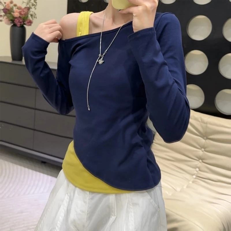 春季新款韩系斜肩设计感修身撞色假两件长袖上衣内搭T恤打底衫ins