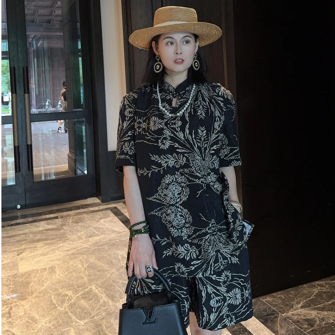 《浅墨》夏季新中式套装宽松短袖复古老钱风套装提花