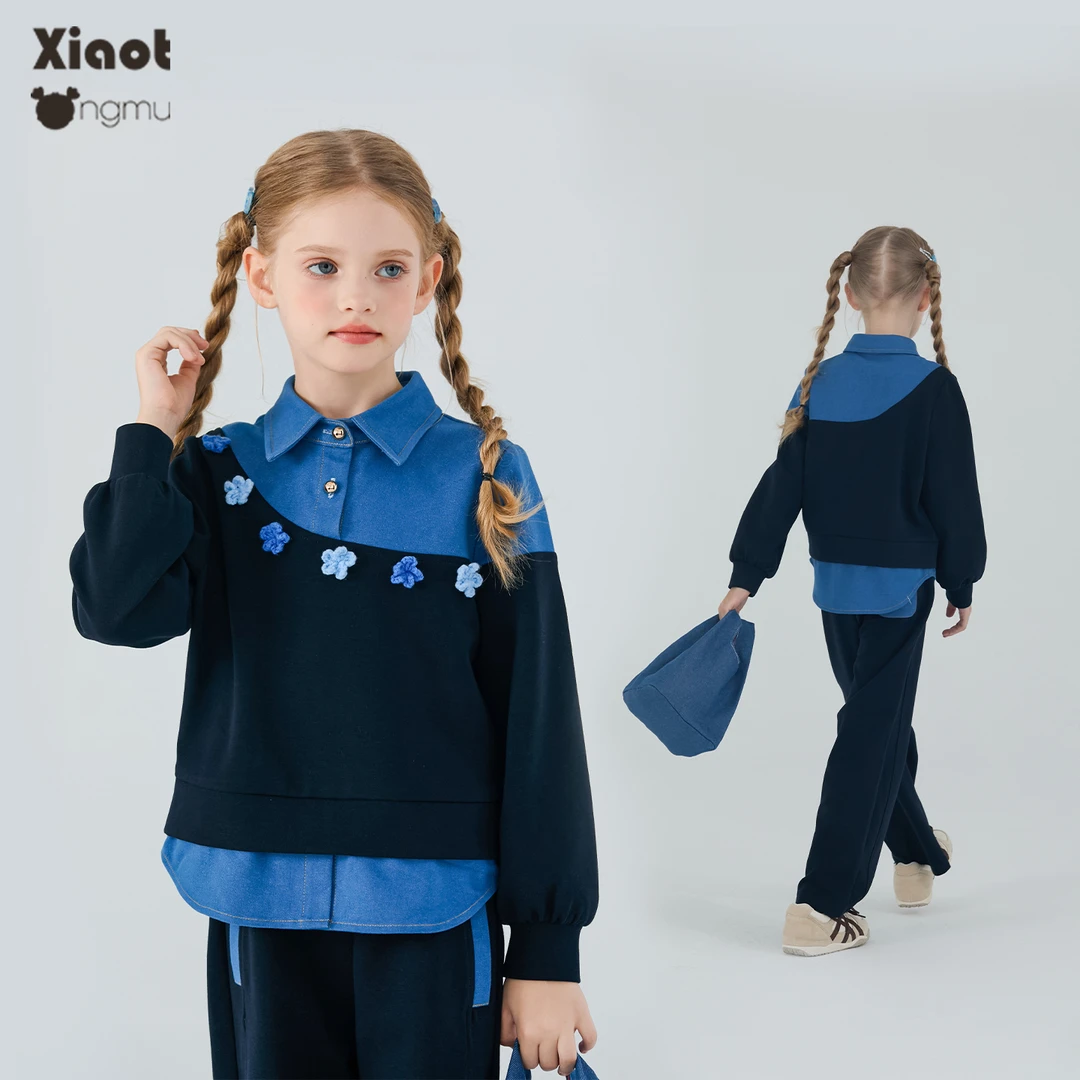 小童木 撞色设计感女童运动套装秋季2025新款假两件卫衣直筒卫裤