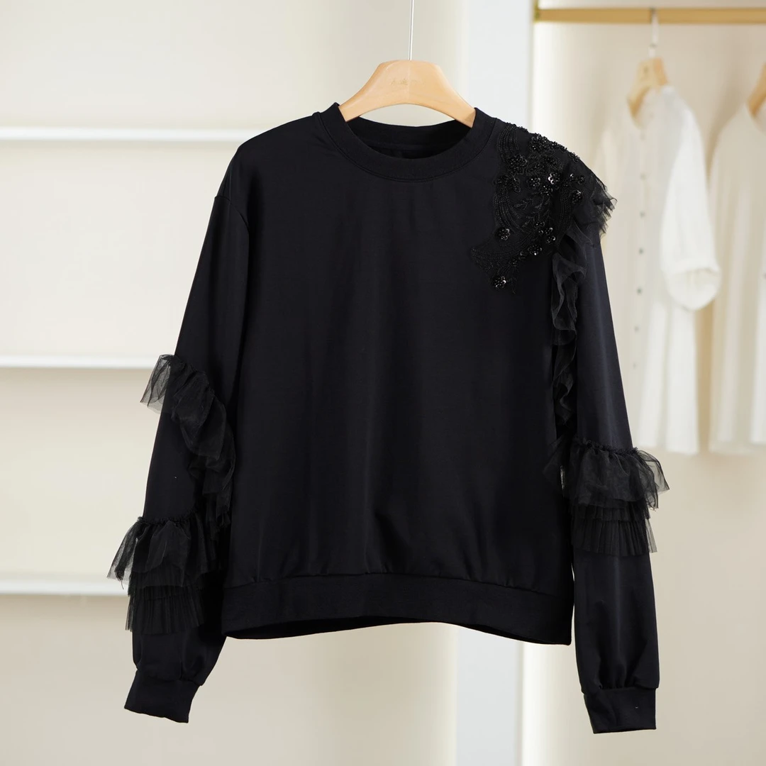 麦迪尚品【夕Y】50909490 拼接网纱宽松卫衣春秋女装品牌撤柜