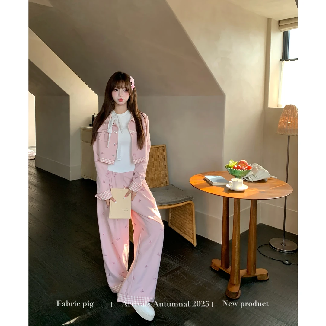 巴黎甜心 织物猪原创 甜美风粉色刺绣蝴蝶结外套女秋高腰阔腿长裤