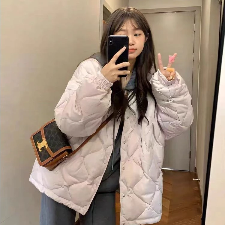 冬季宽松加厚羽绒棉服女2024年新款韩版菱形格小个子棉衣棉袄外套