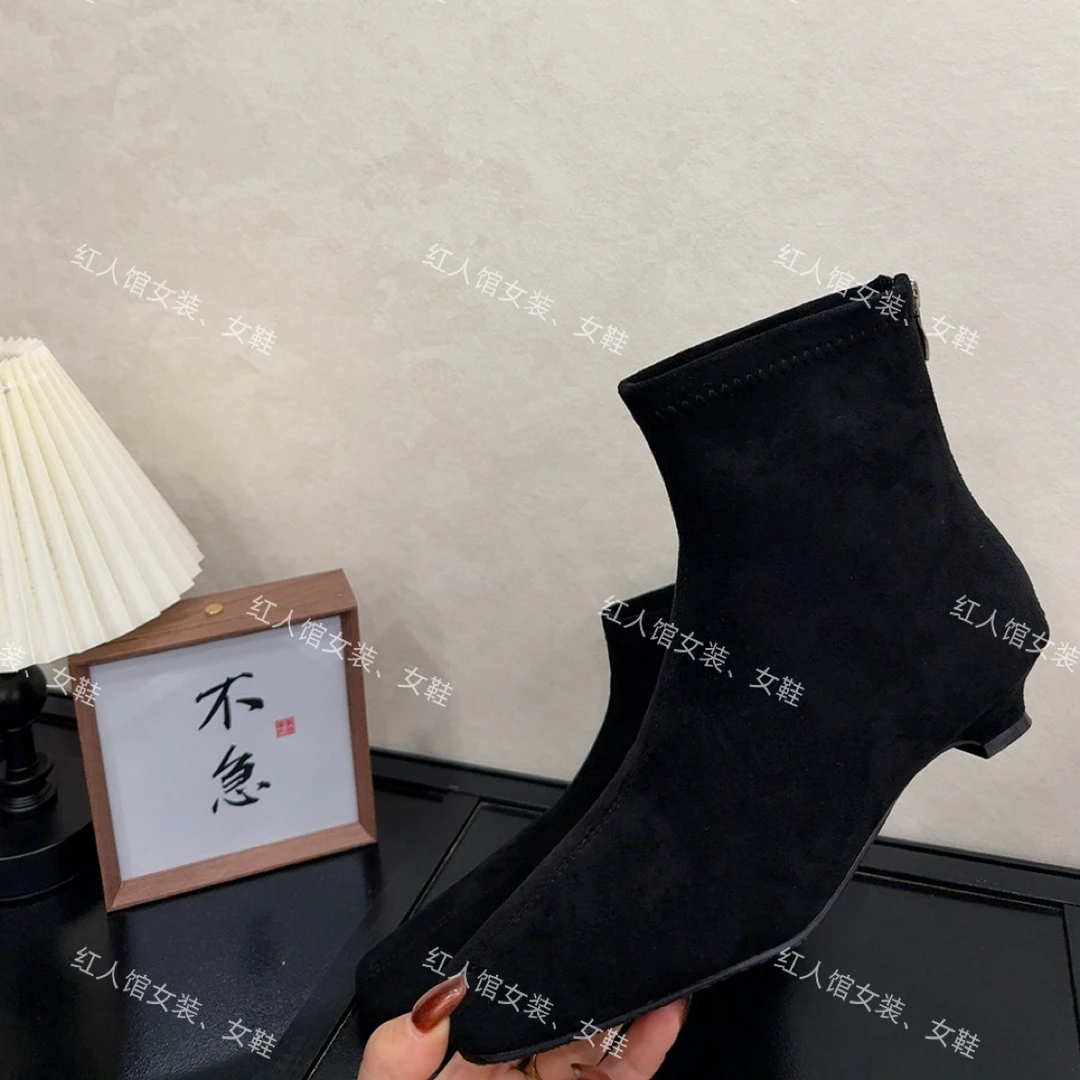 863时髦高级感复古黑色绒面低跟瘦瘦靴95-2