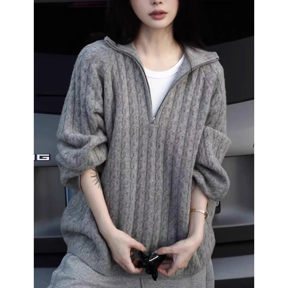 高级感灰色麻花半拉链毛衣女2025秋冬慵懒宽松针织衫上衣
