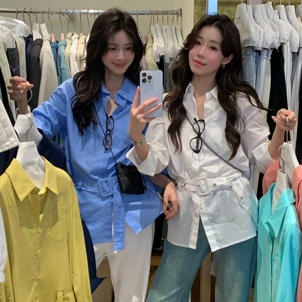 春季新款韩系气质通勤口袋收腰显瘦长袖设计感衬衫配腰带衬衫女