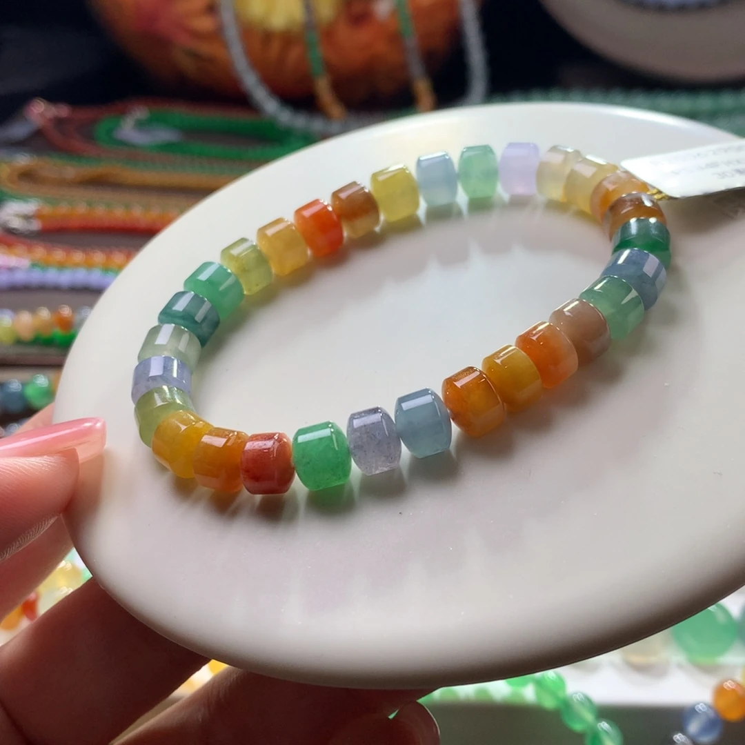 未镶嵌手链翡翠浓艳彩虹桶珠卡7.5