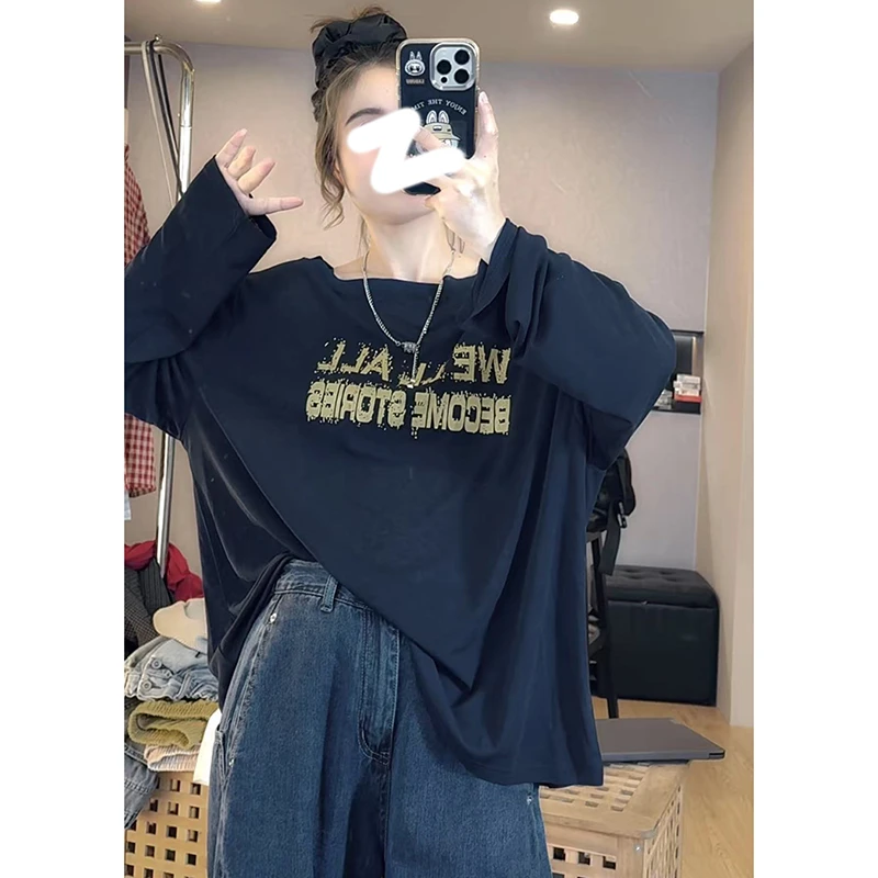 红色字母印花通勤圆领长袖t恤女士夏季2025欧货新款宽松防晒上衣