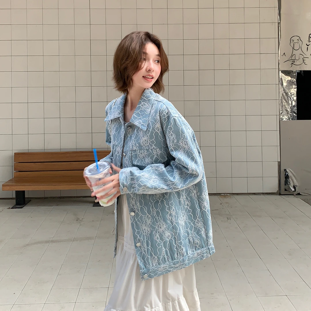 韩系清冷感蓝色刺绣提花牛仔外套女2025宽松秋季新款翻领夹克上衣