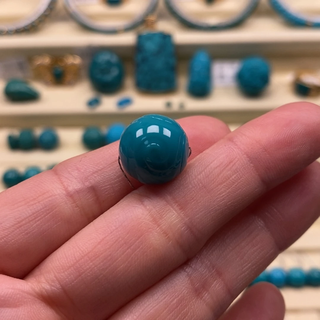 绿松石未镶嵌珠宝奇石直径13.4博古纹圆珠