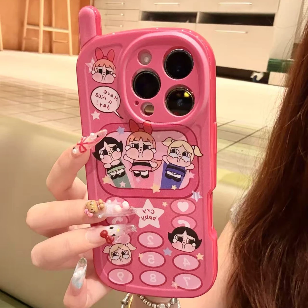 日韩卡通KT小女警大哥大壳适用苹果16/15/14/13全包防摔手机壳