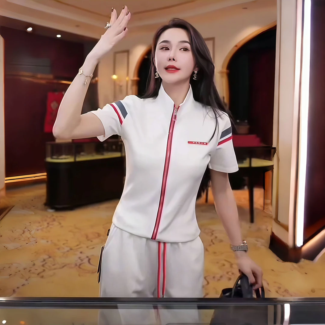 2025夏季新款时尚拉链撞色拼接两件套女休闲短袖阔腿裤显瘦套装女