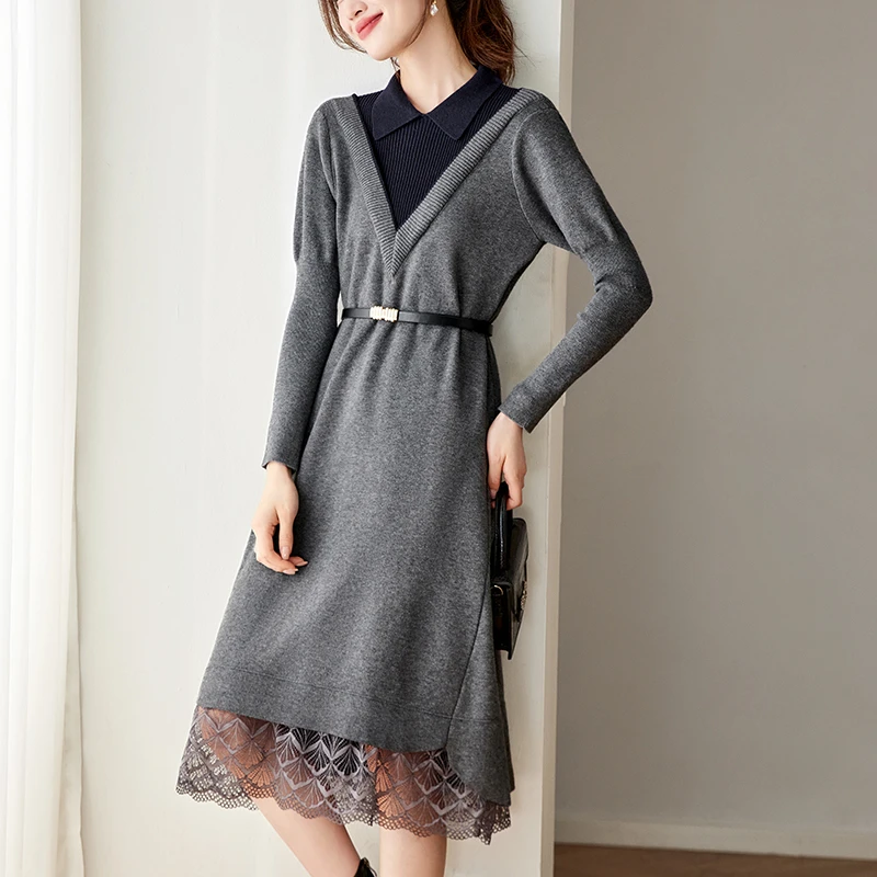娃娃领连衣裙秋冬气质减龄假两件裙子女气质高级感蕾丝拼接毛衣裙