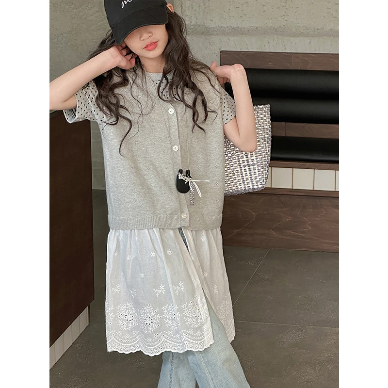 K28076孙小美拼接式女童针织马甲2025春装款儿童开衫无袖上衣