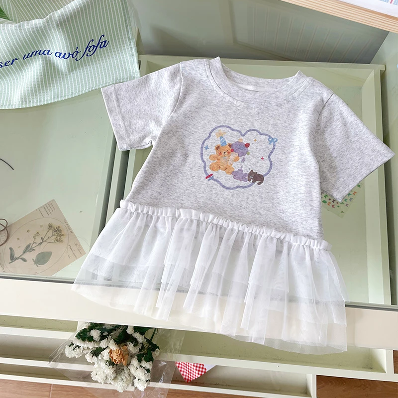 【现货】XY253078女童T恤2025夏季洋气卡通拼接短袖儿童上衣