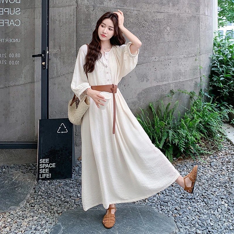 夏季法式复古显瘦气质收腰仙气连衣裙杏色小吊带配腰带款