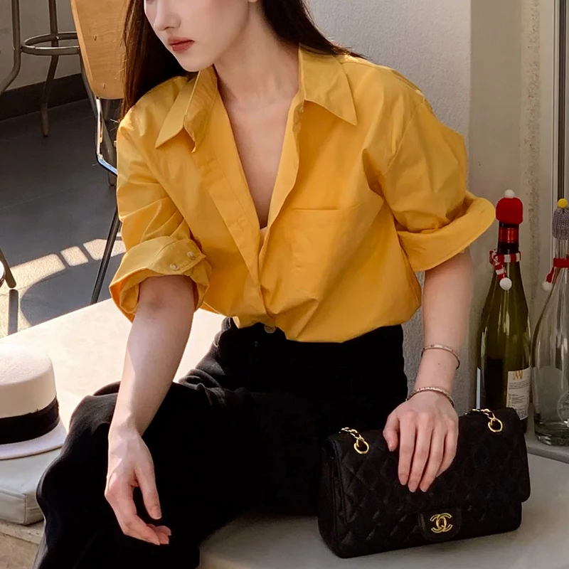 时尚橘黄色polo领长袖开衫衬衣女洋气减龄百搭上衣简约显瘦衬衫潮