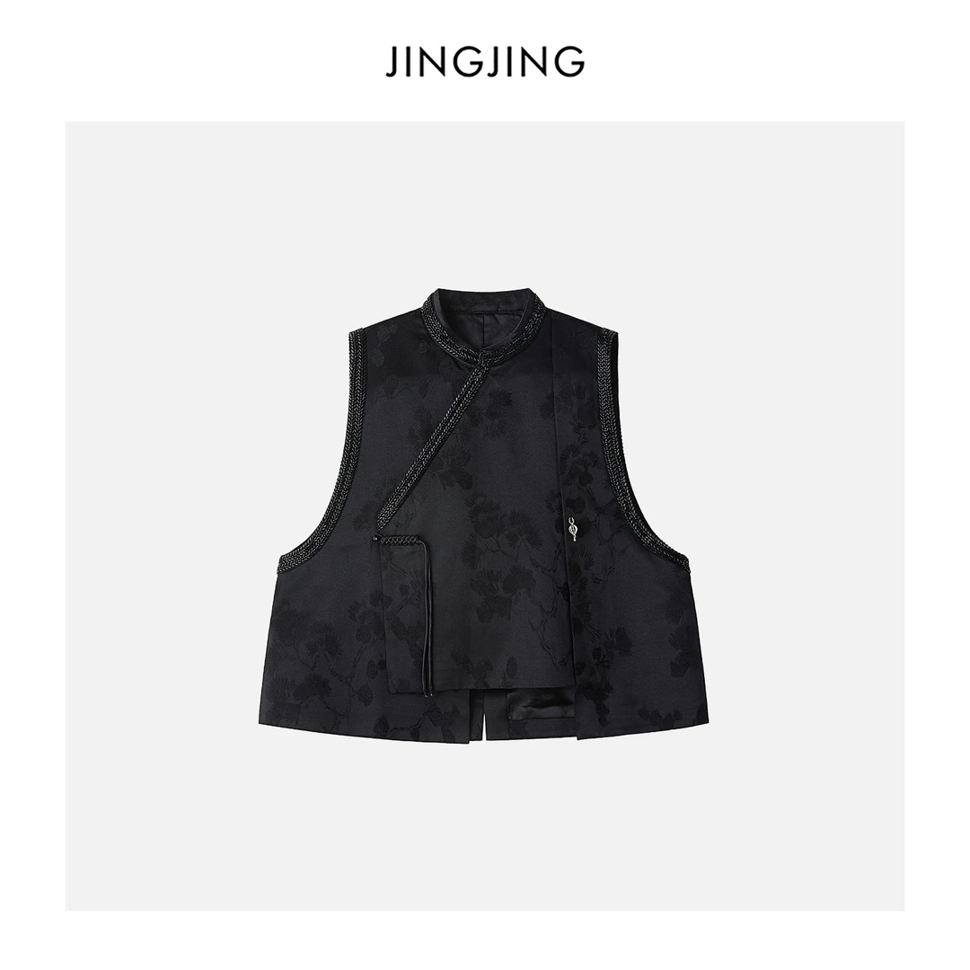 JINGJING2025新款“ 暗夜流光”暗纹提花手工钉珠刺绣锦缎马甲