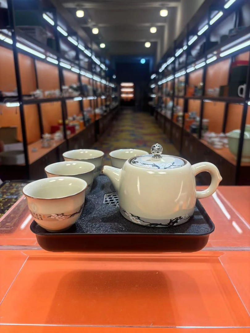 秋香茶具  月白汝窑寒梅景南壶一壶四杯小套装家用功夫茶具套4380