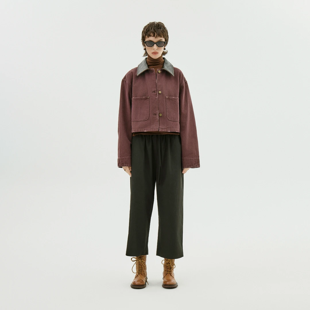 AP洛哥43046WT【喷马馏固色/外套】羊皮领做旧休闲短牛仔外套2024秋